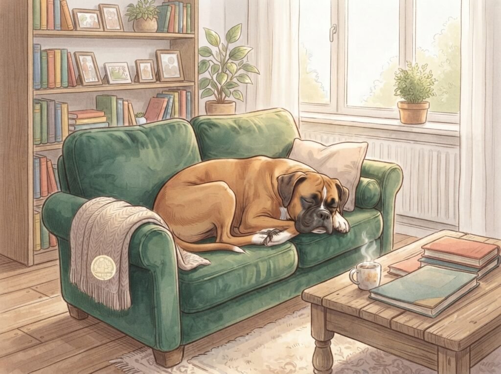 Chien Boxer qui a mangé une nourriture adapté et en bonne quantité
