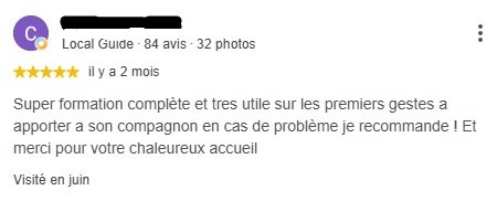Capture d'écran d'un avis Google 5 étoiles sur la formation aux premiers secours et gestes d'urgence pour chien à Caluire-et-Cuire.